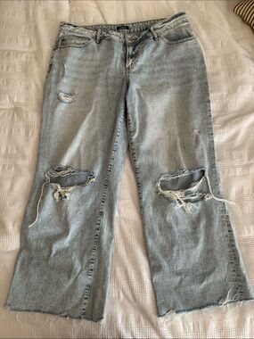 Express Light Blue Distressed Wide-Leg Jeans